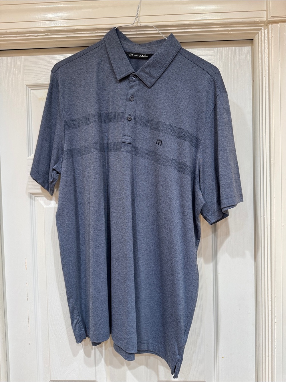 Travis Mathew Slate Blue Heather Polo with Subtle Stripes